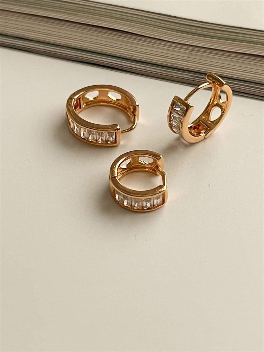 Özel Kaplama Gold Baget Taşlı Üçlü Set Halka Küpe (1.70 Cm)