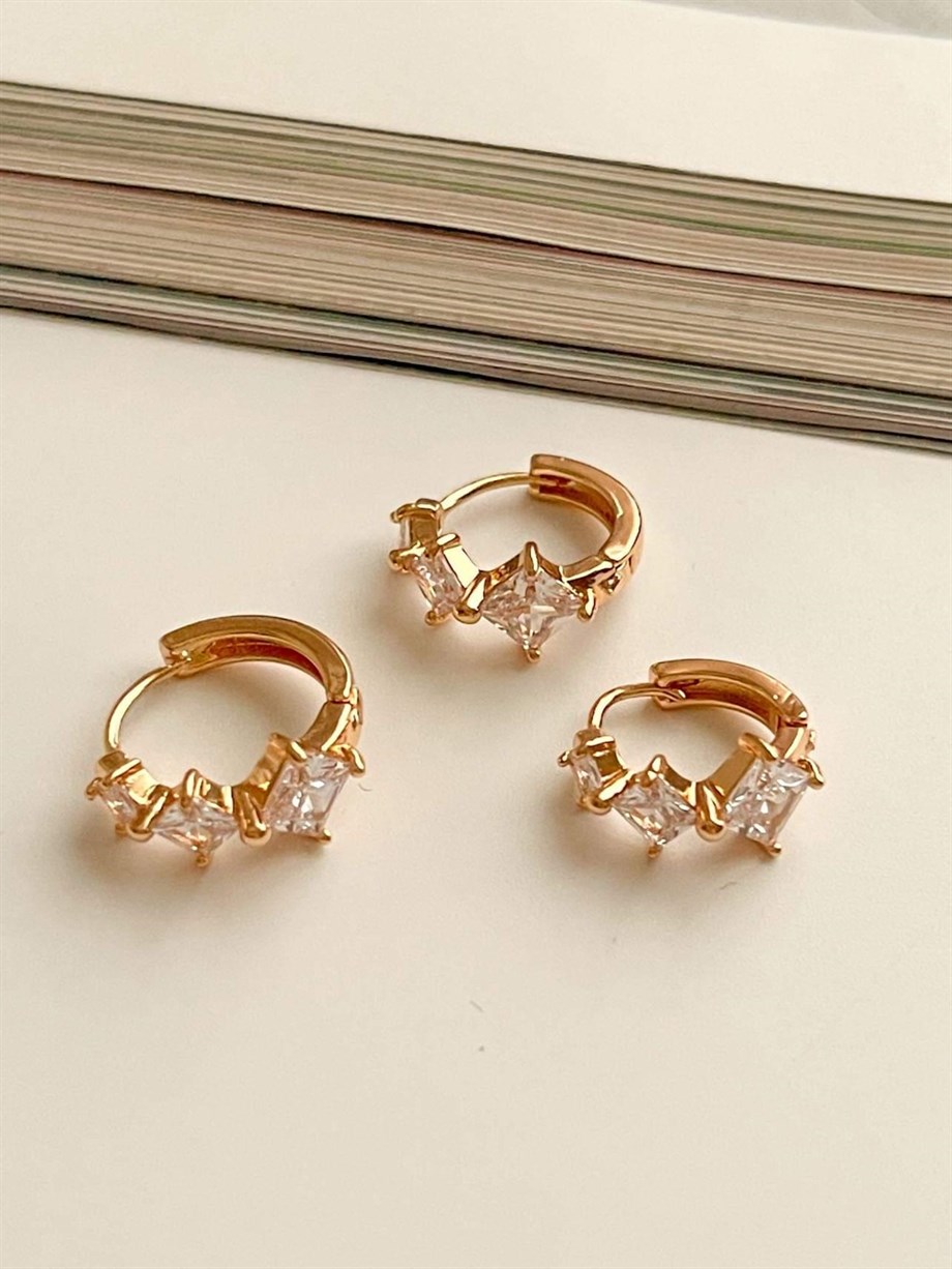 Özel Kaplama Gold Baget Taşlı Üçlü Set Halka Küpe (1.60 Cm)
