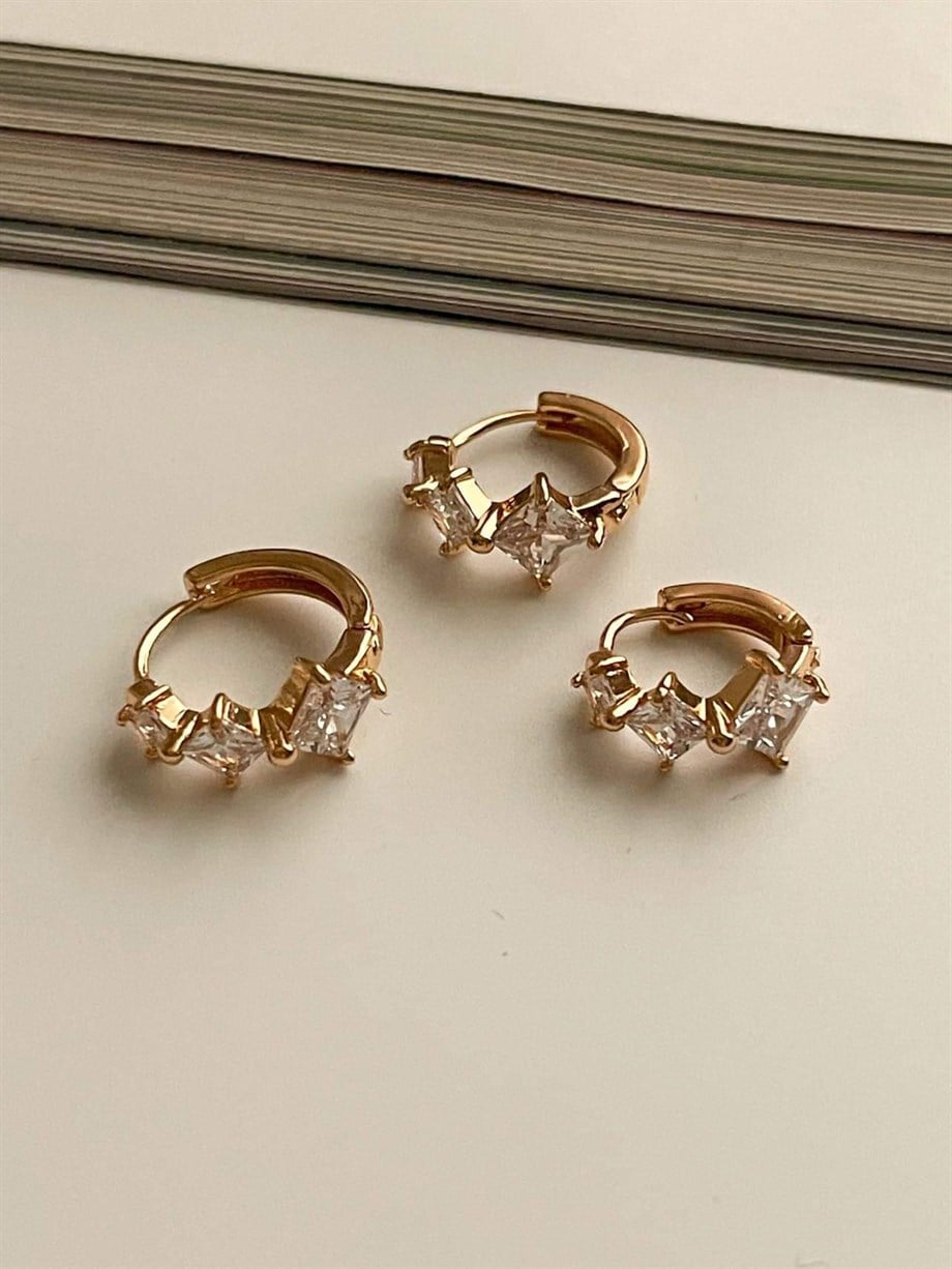 Özel Kaplama Gold Baget Taşlı Üçlü Set Halka Küpe (1.60 Cm)