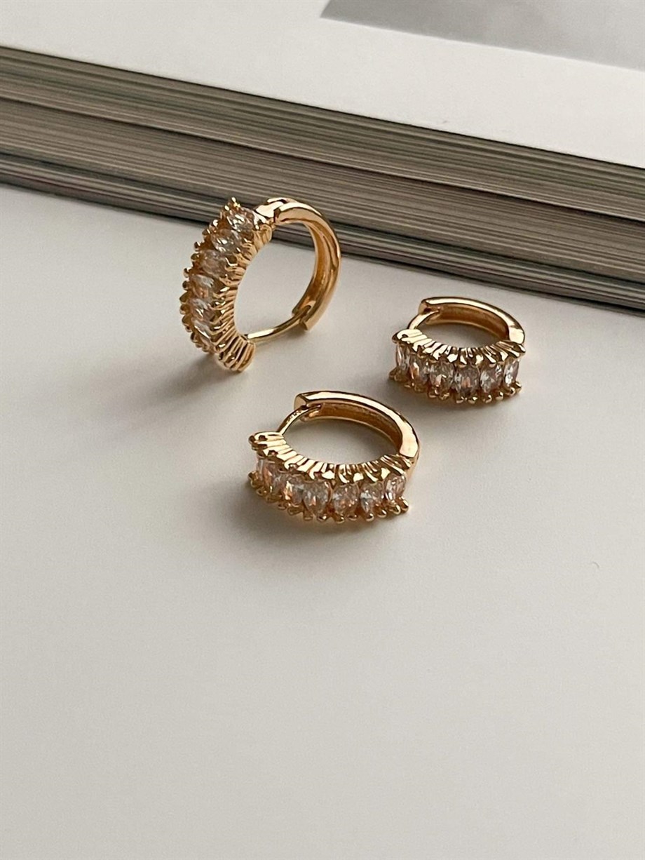 Özel Kaplama Gold Baget Taşlı Üçlü Set Halka Küpe (1.80 Cm)