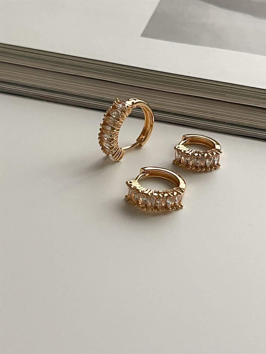 Özel Kaplama Gold Baget Taşlı Üçlü Set Halka Küpe (1.80 Cm)