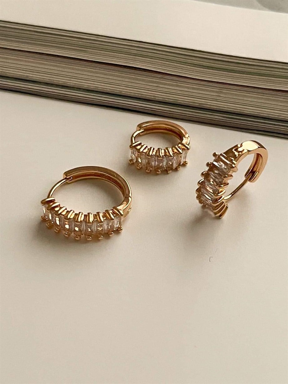 Özel Kaplama Gold Baget Taşlı Üçlü Set Halka Küpe (1.70 Cm)