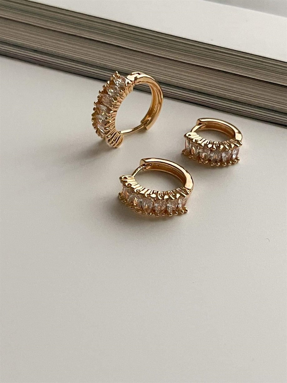 Özel Kaplama Gold Baget Taşlı Üçlü Set Halka Küpe (1.80 Cm)
