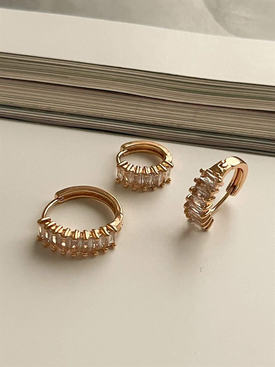 Özel Kaplama Gold Baget Taşlı Üçlü Set Halka Küpe (1.70 Cm)