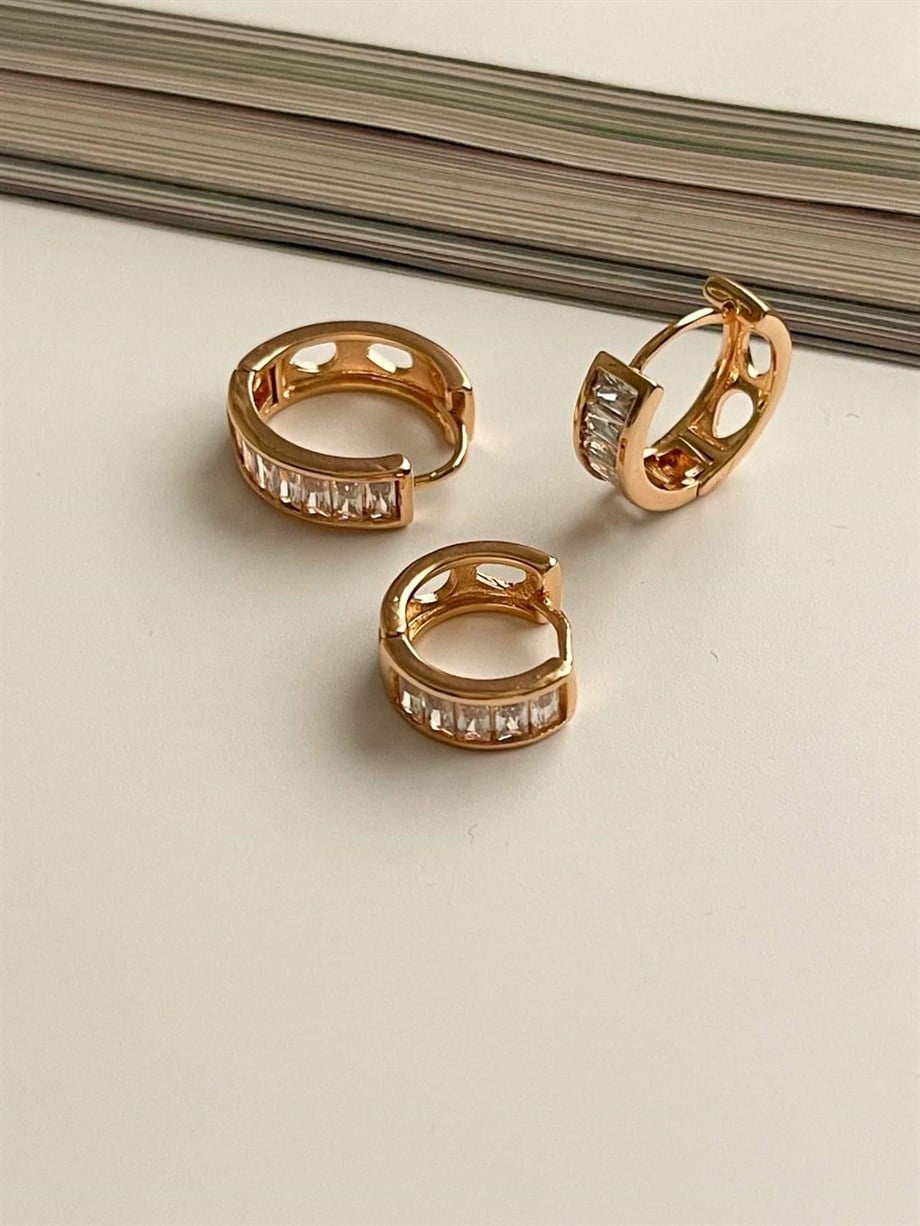 Özel Kaplama Gold Baget Taşlı Üçlü Set Halka Küpe (1.70 Cm)