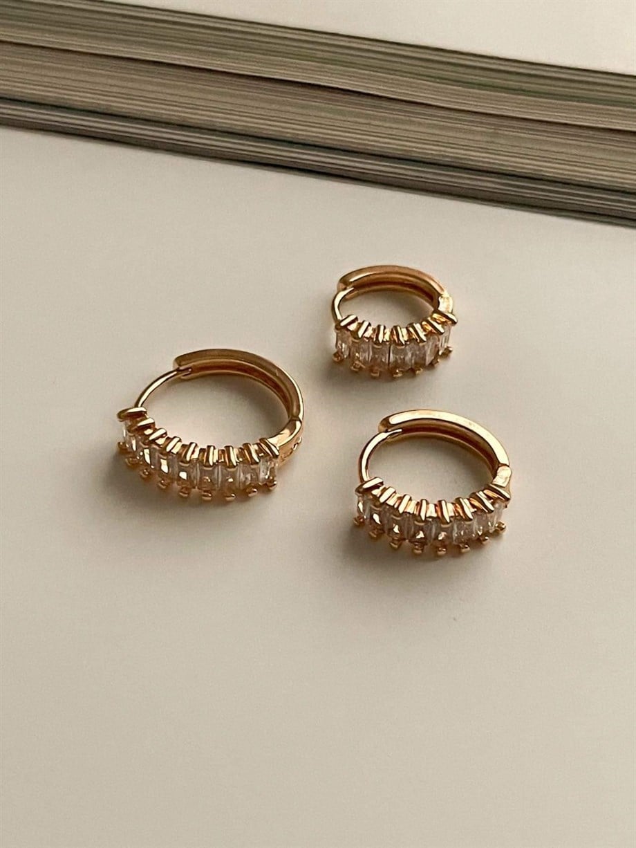 Özel Kaplama Gold Baget Taşlı Üçlü Set Halka Küpe (1.70 Cm)