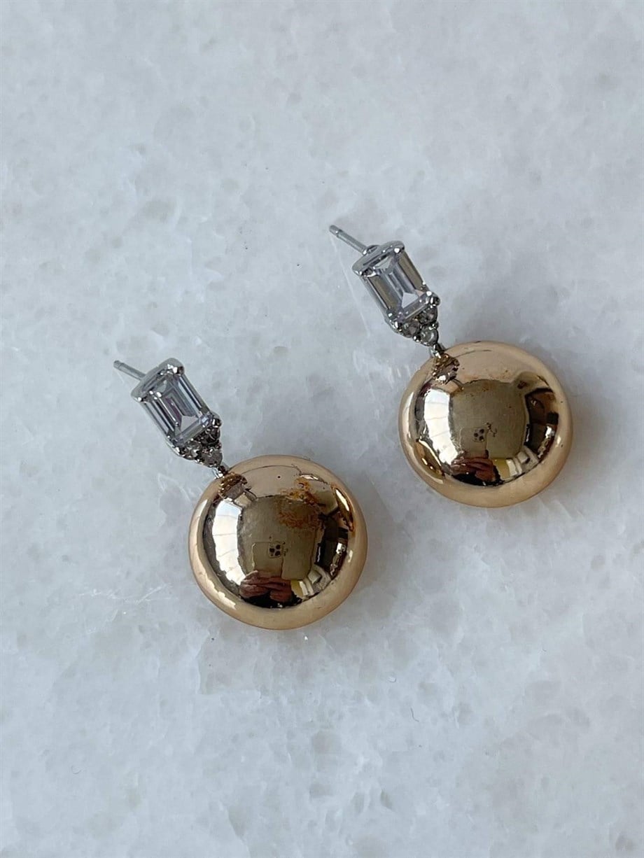 Özel Kaplama Gold Baget Topçuk Kombinli Küpe (2.5 Cm)
