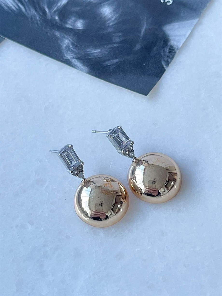 Özel Kaplama Gold Baget Topçuk Kombinli Küpe (2.5 Cm)