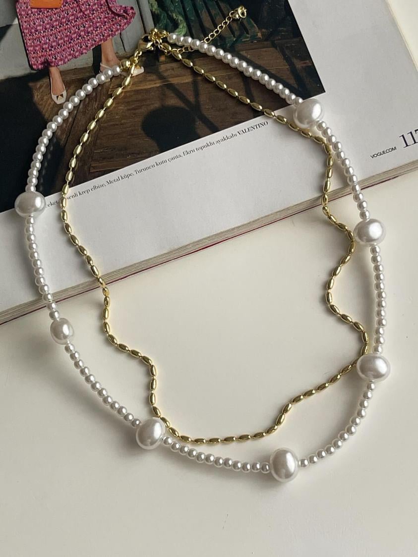 Özel Kaplama Gold Boncuk İnci Kombinle Kolye (48 Cm)