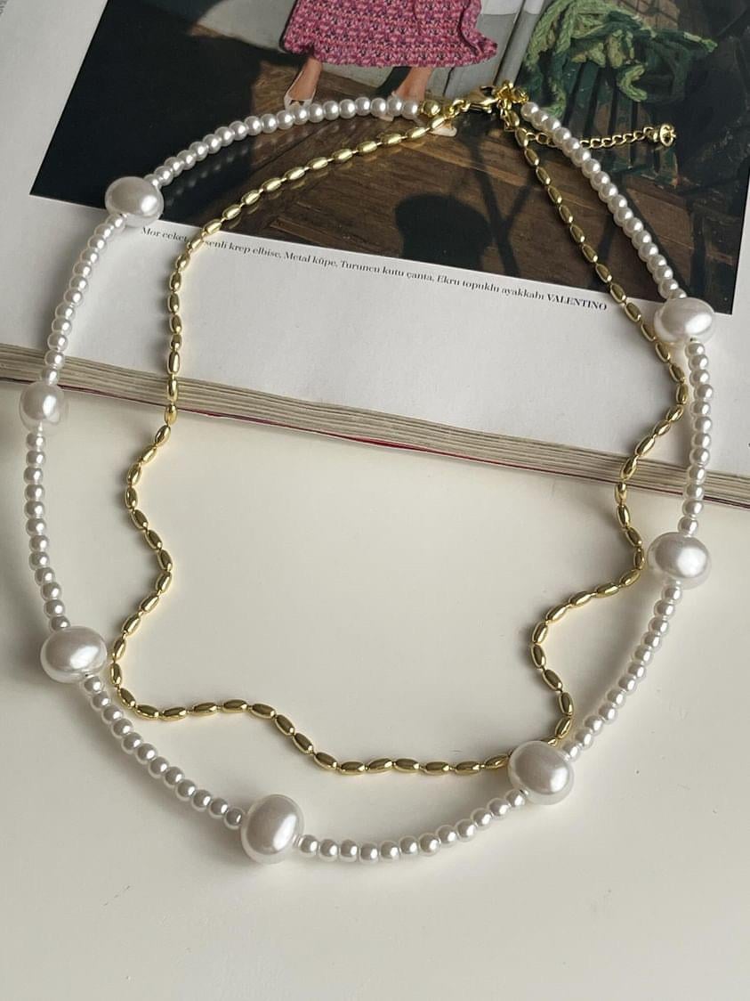 Özel Kaplama Gold Boncuk İnci Kombinle Kolye (48 Cm)