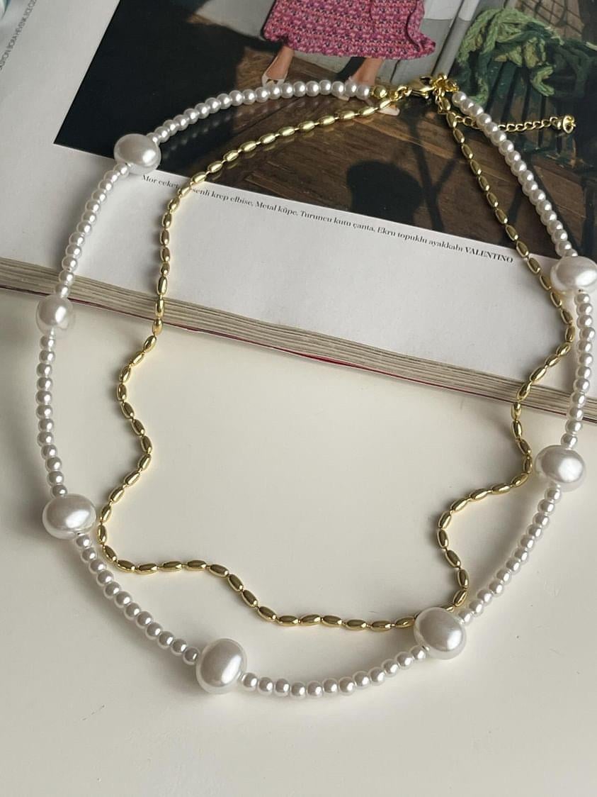 Özel Kaplama Gold Boncuk İnci Kombinle Kolye (48 Cm)