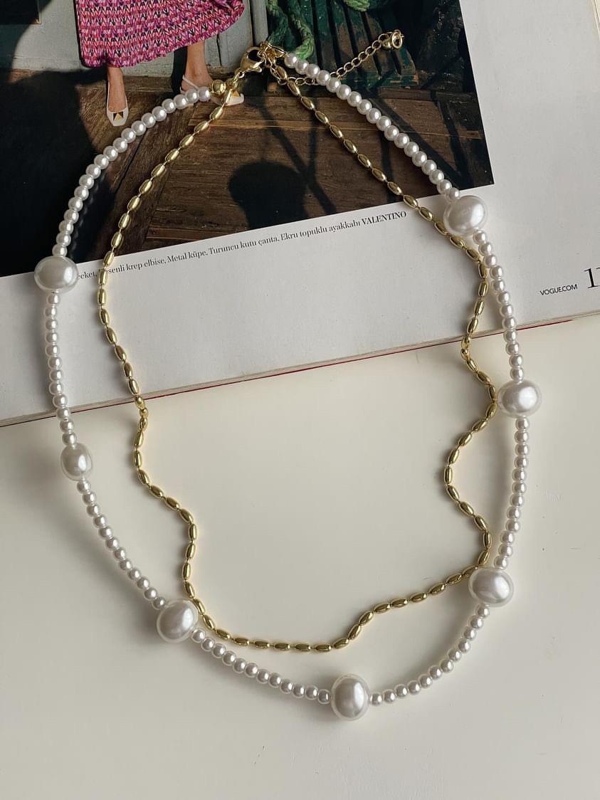 Özel Kaplama Gold Boncuk İnci Kombinle Kolye (48 Cm)
