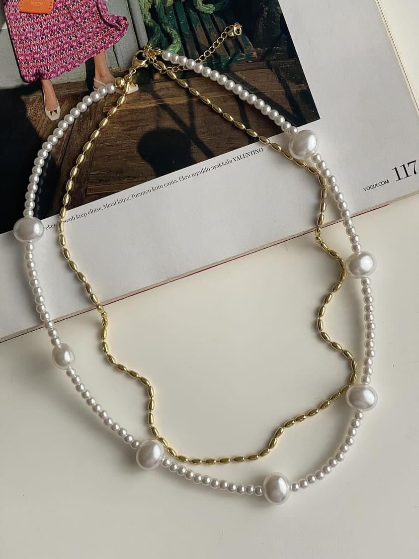 Özel Kaplama Gold Boncuk İnci Kombinle Kolye (48 Cm)