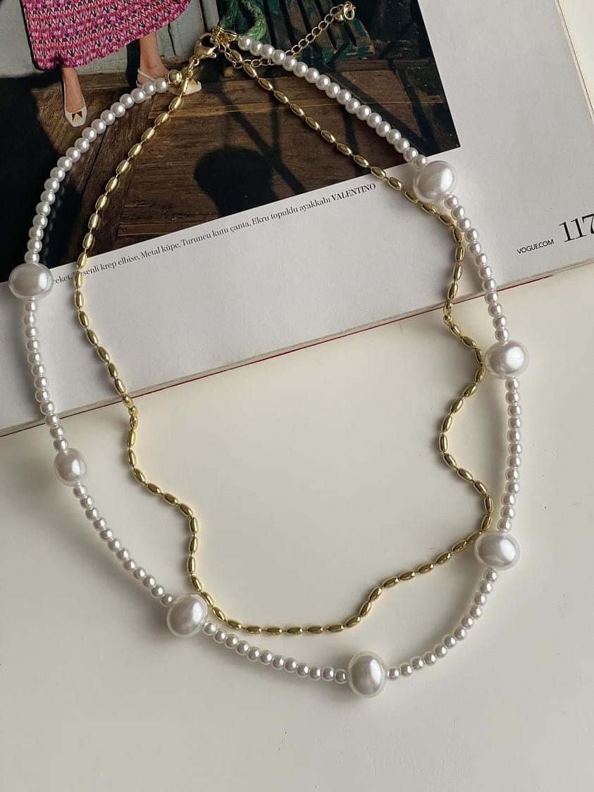Özel Kaplama Gold Boncuk İnci Kombinle Kolye (48 Cm)