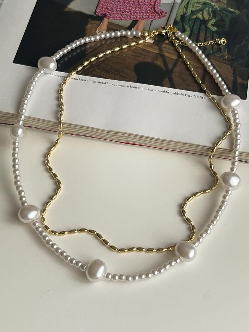 Özel Kaplama Gold Boncuk İnci Kombinle Kolye (48 Cm)