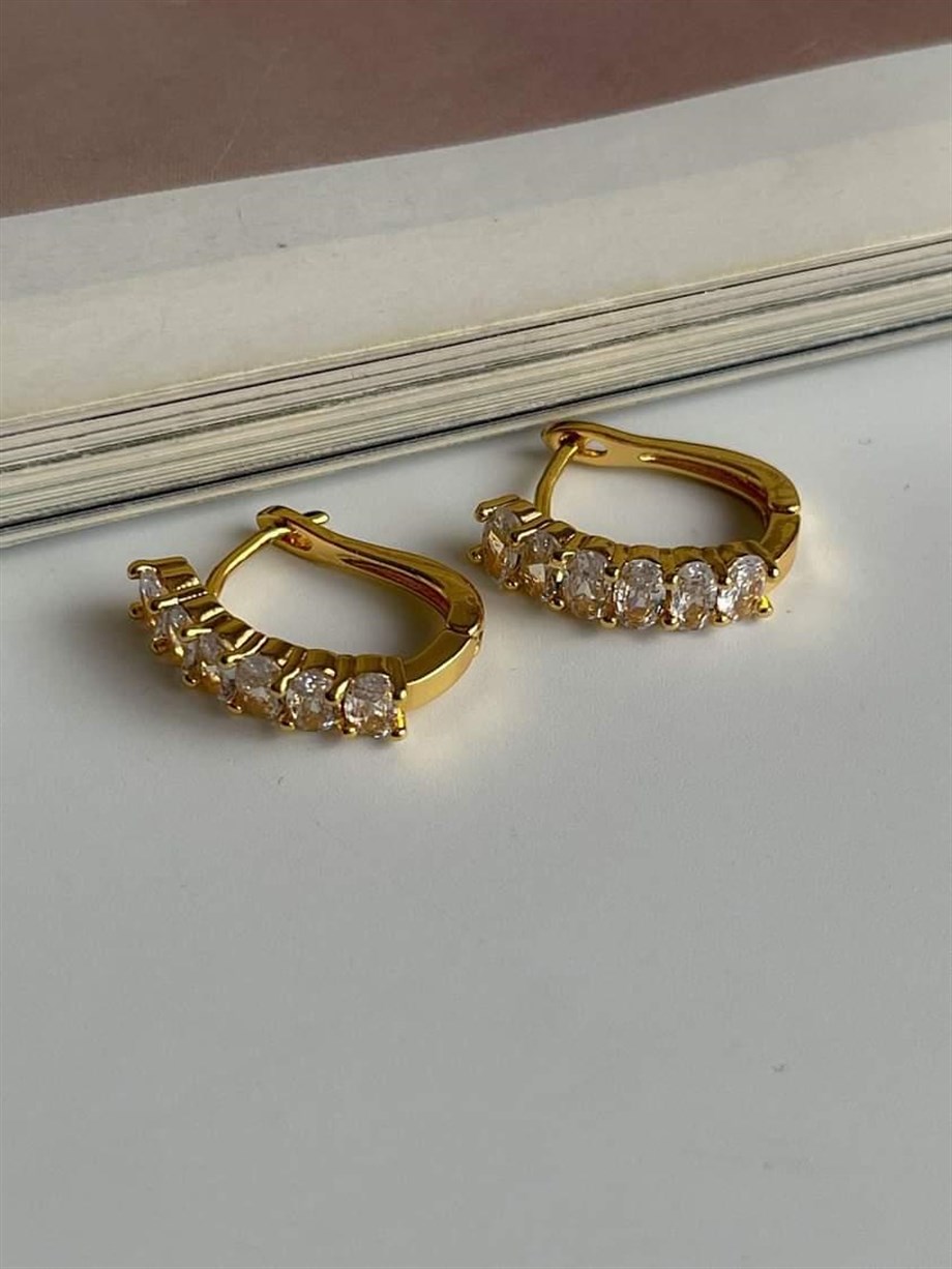 Özel Kaplama Gold Renk Baget Taşlı Halka Küpe (2 Cm)