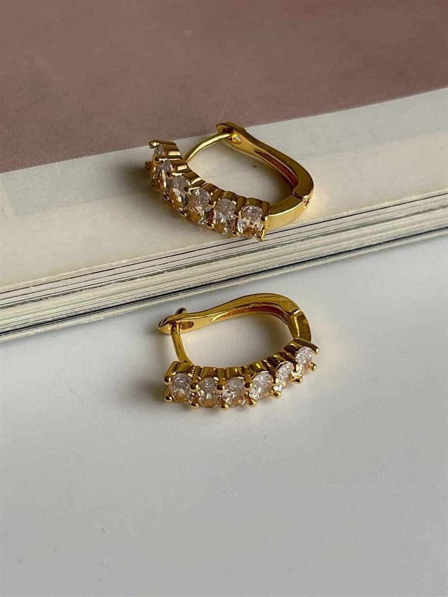 Özel Kaplama Gold Renk Baget Taşlı Halka Küpe (2 Cm)