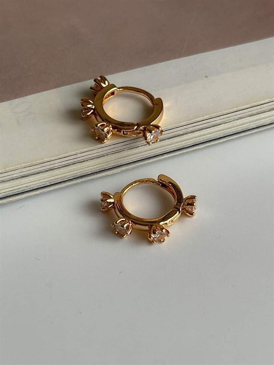 Özel Kaplama Gold Renk Baget Taşlı Halka Küpe (1.40 Cm)