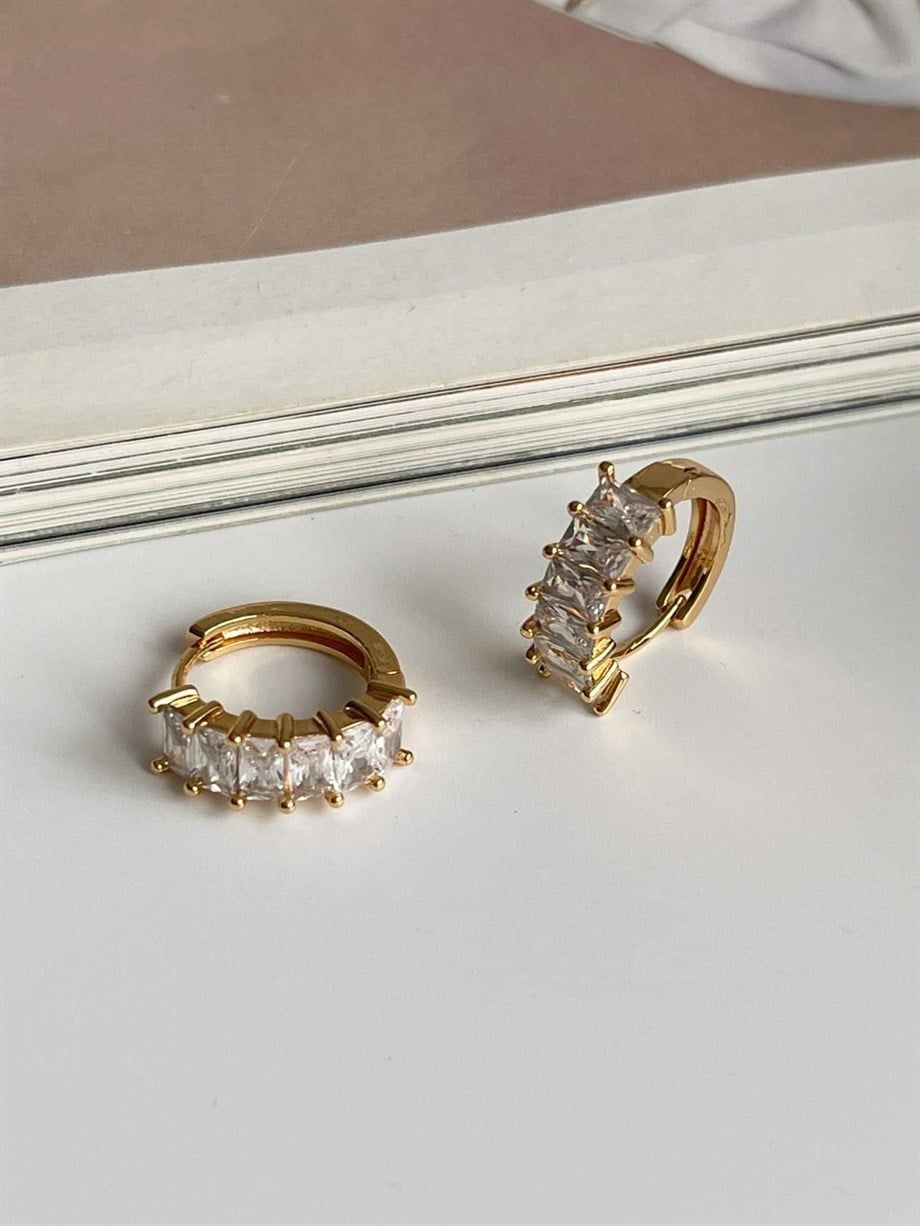 Özel Kaplama Gold Renk Baget Taşlı Halka Küpe (1.70 Cm)