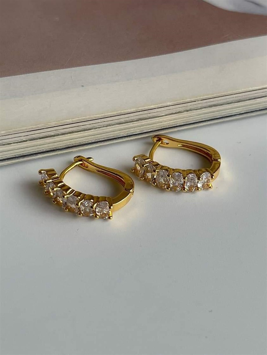Özel Kaplama Gold Renk Baget Taşlı Halka Küpe (2 Cm)