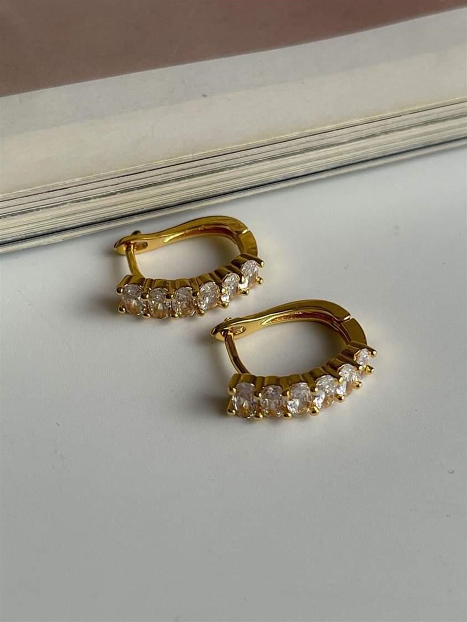 Özel Kaplama Gold Renk Baget Taşlı Halka Küpe (2 Cm)