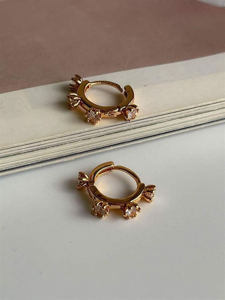 Özel Kaplama Gold Renk Baget Taşlı Halka Küpe (1.40 Cm)