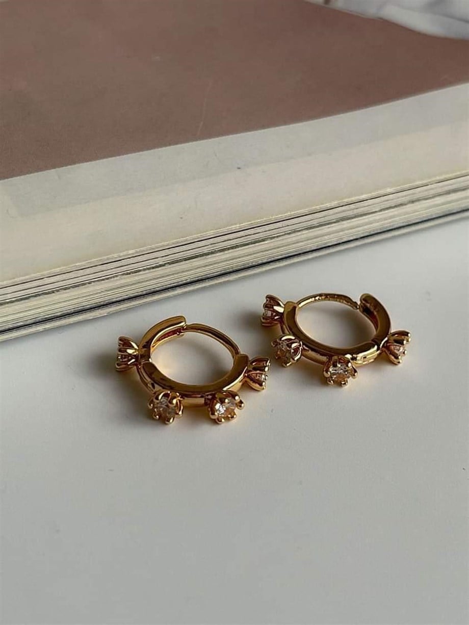 Özel Kaplama Gold Renk Baget Taşlı Halka Küpe (1.40 Cm)