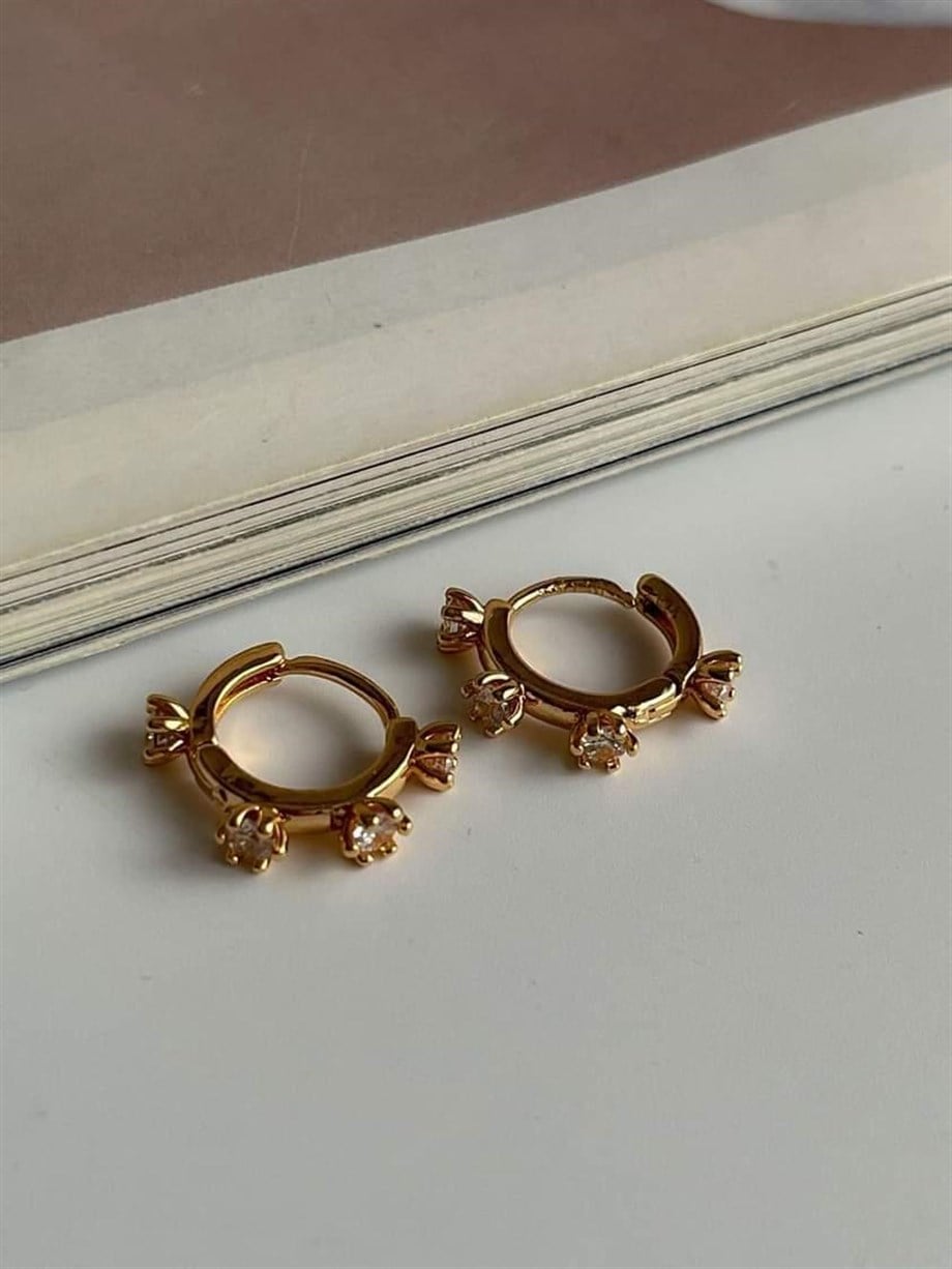 Özel Kaplama Gold Renk Baget Taşlı Halka Küpe (1.40 Cm)
