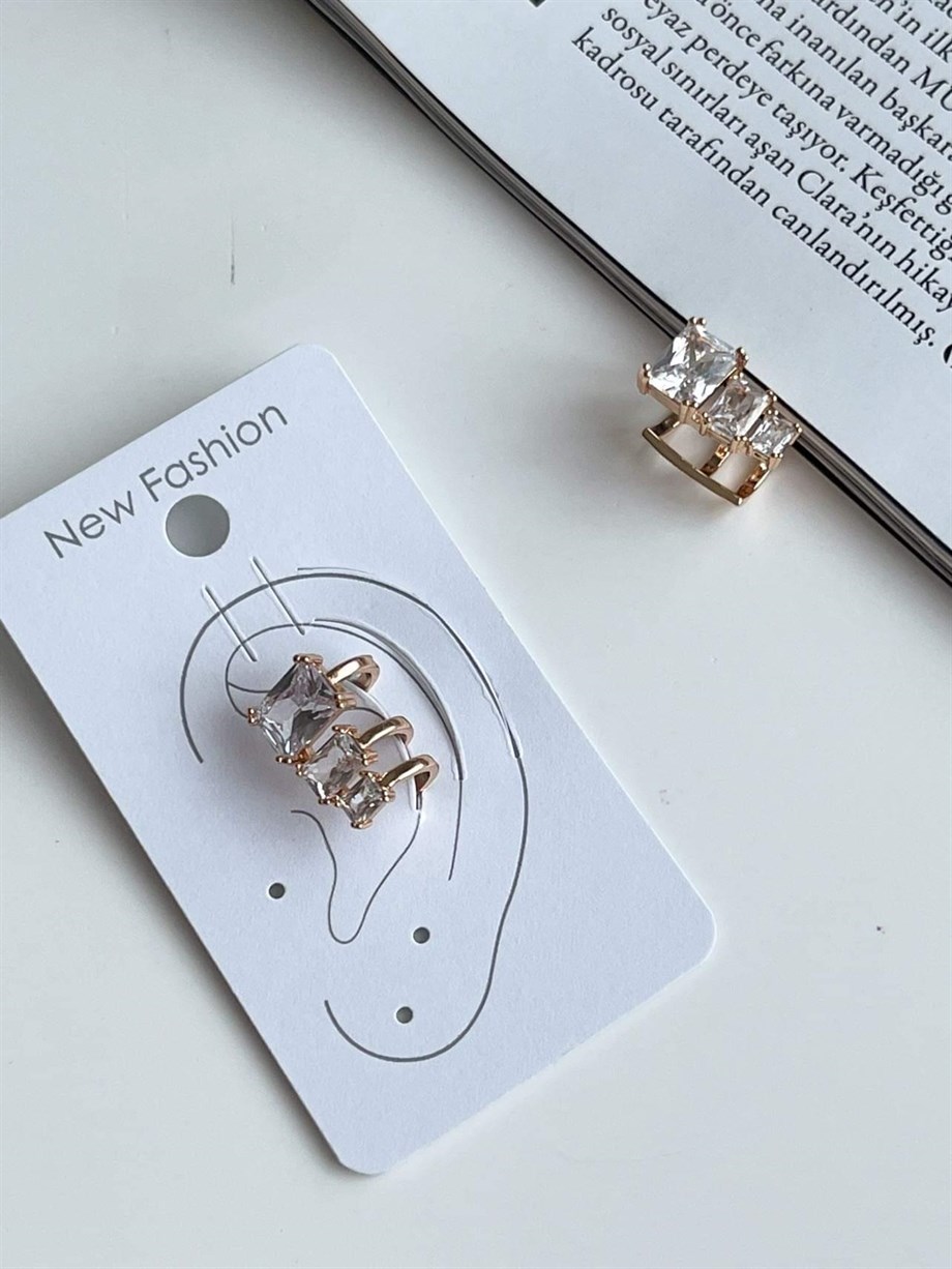 Özel Kaplama Gold Renk Baget Taşlı Tekli Ear Cuff Küpe (1.50 Cm)