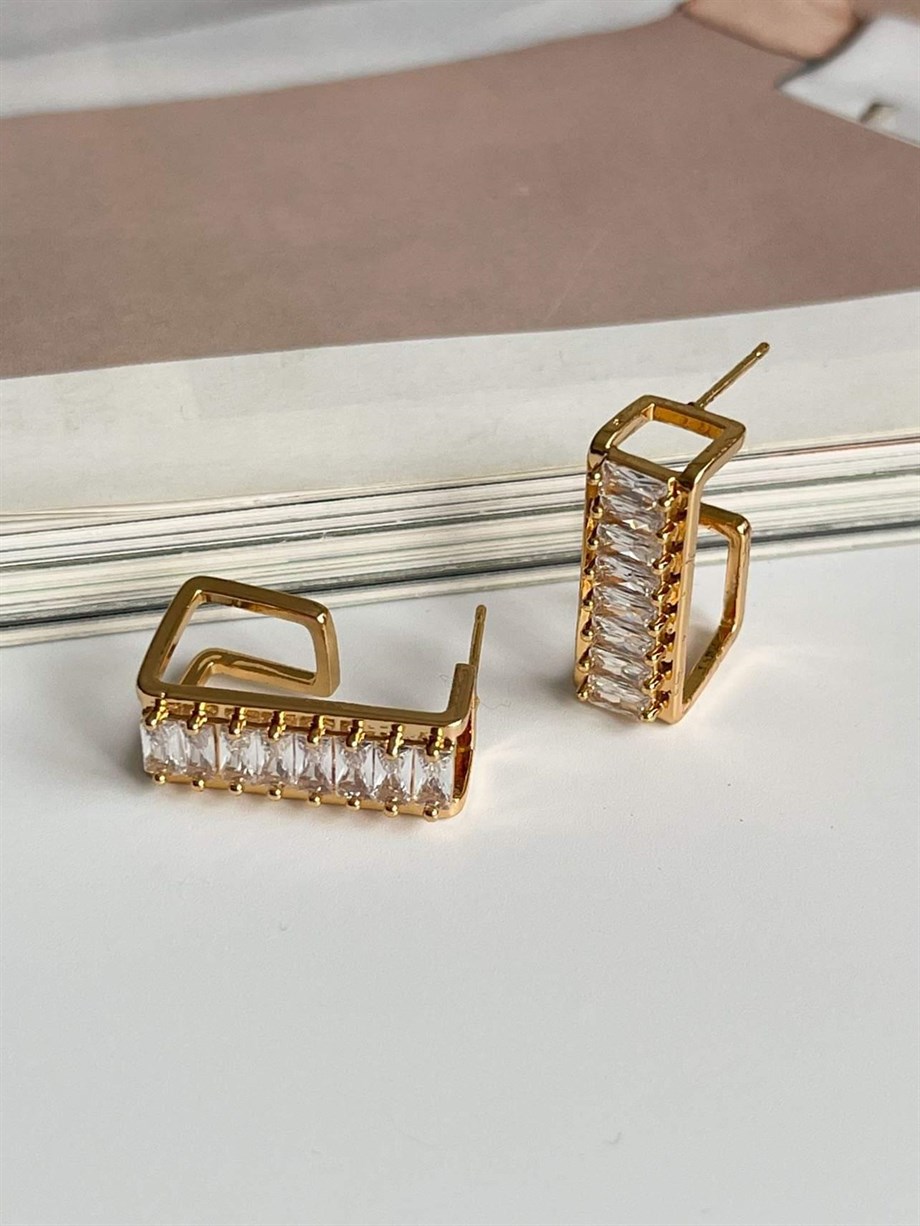 Özel Kaplama Gold Renk Baget Taşlı Valeria Halka Küpe (2.20 Cm)