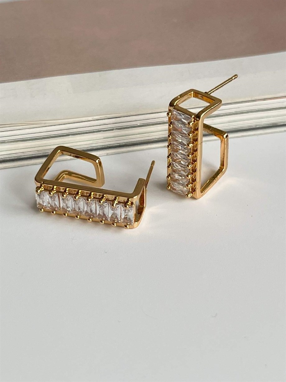 Özel Kaplama Gold Renk Baget Taşlı Valeria Halka Küpe (2.20 Cm)