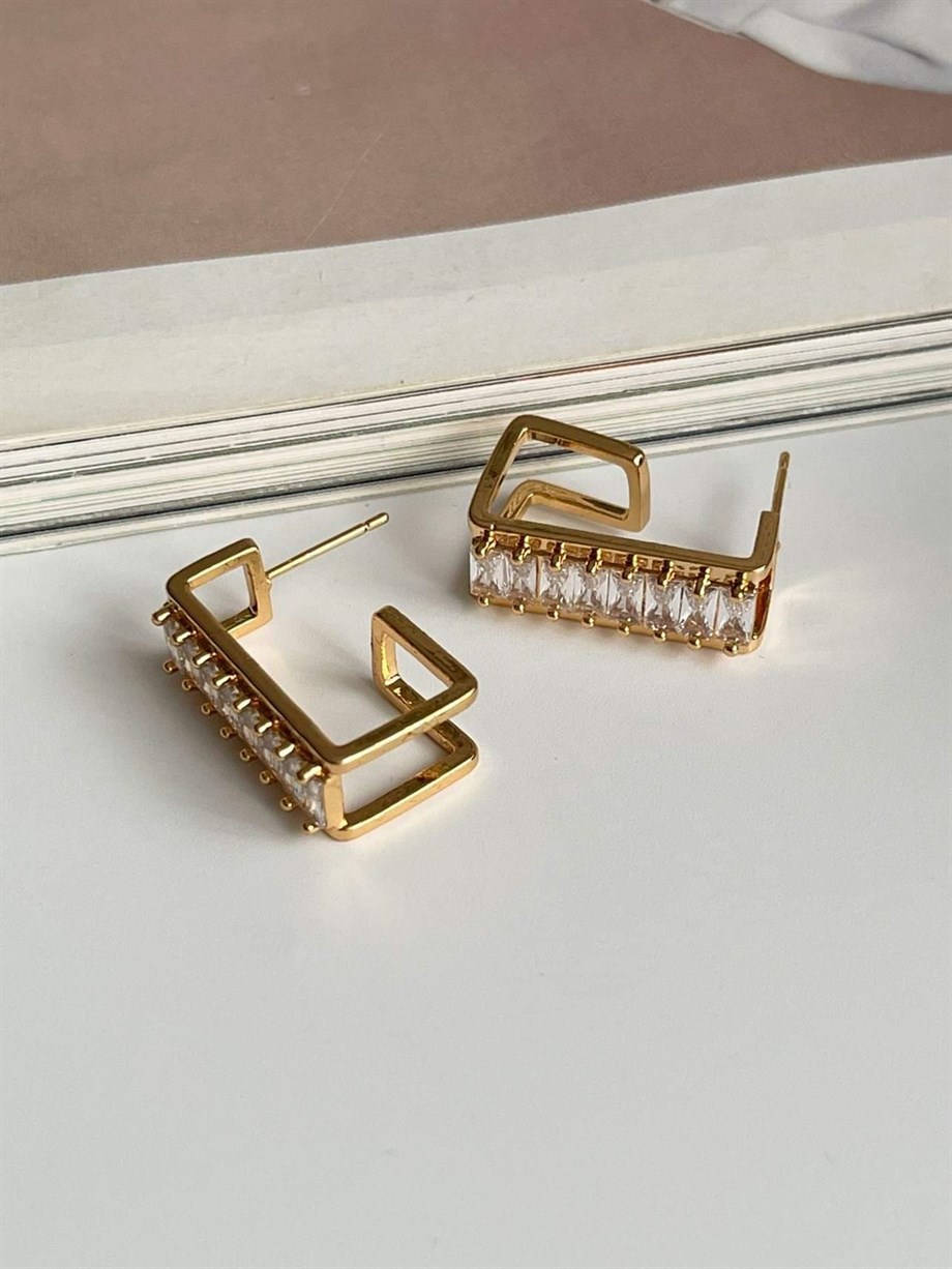 Özel Kaplama Gold Renk Baget Taşlı Valeria Halka Küpe (2.20 Cm)
