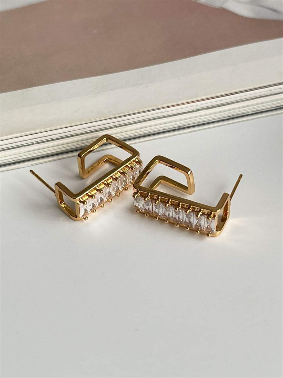 Özel Kaplama Gold Renk Baget Taşlı Valeria Halka Küpe (2.20 Cm)