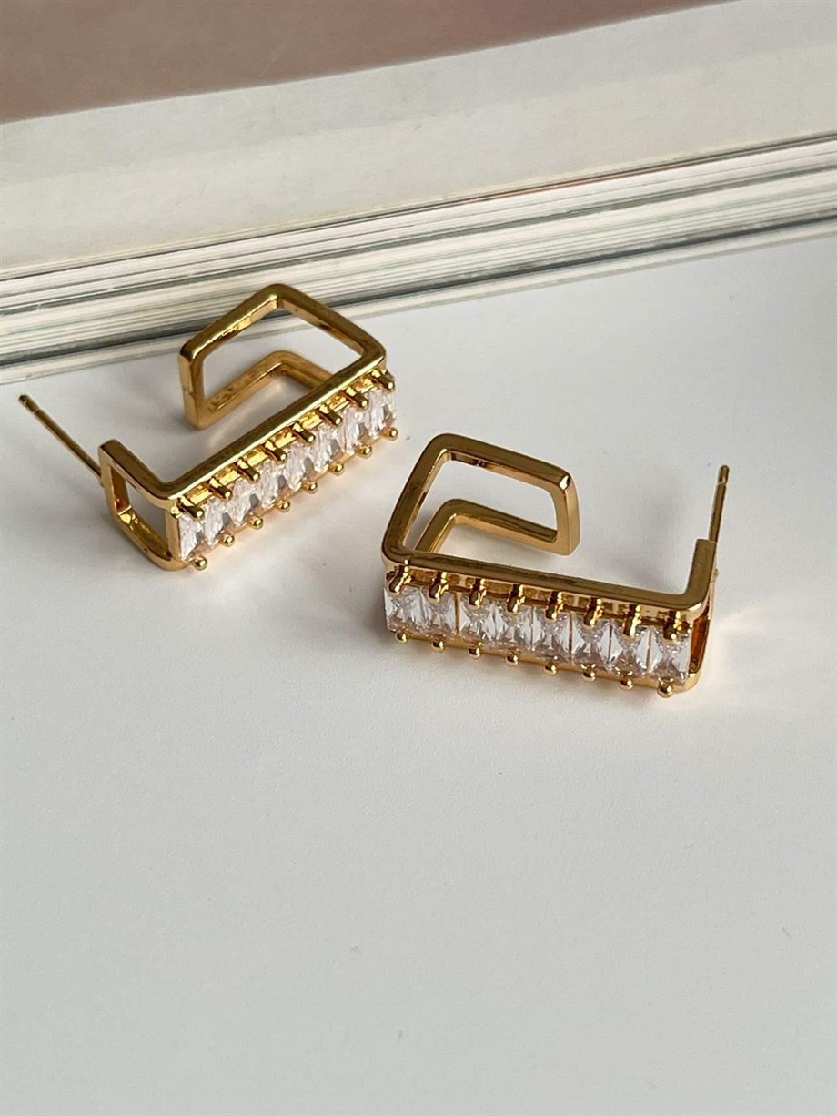 Özel Kaplama Gold Renk Baget Taşlı Valeria Halka Küpe (2.20 Cm)