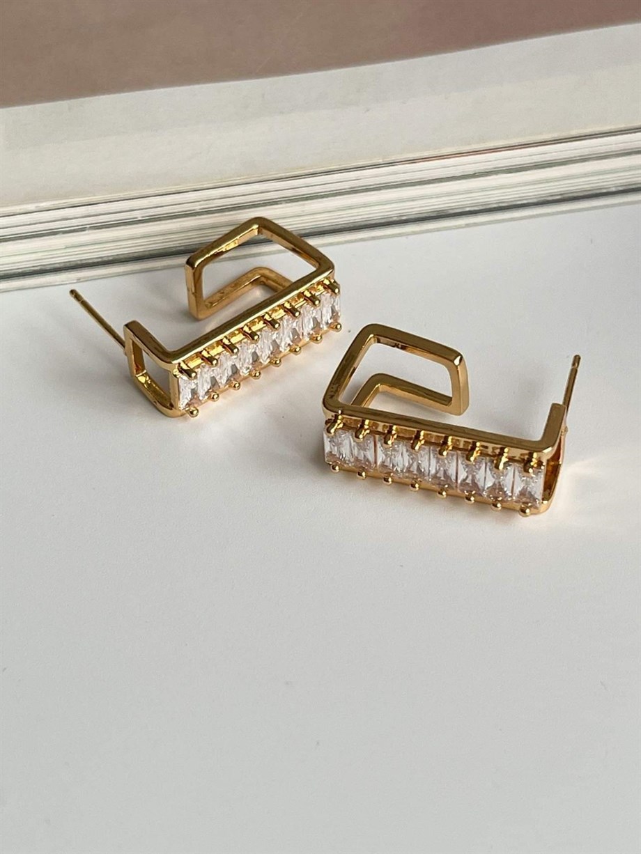 Özel Kaplama Gold Renk Baget Taşlı Valeria Halka Küpe (2.20 Cm)