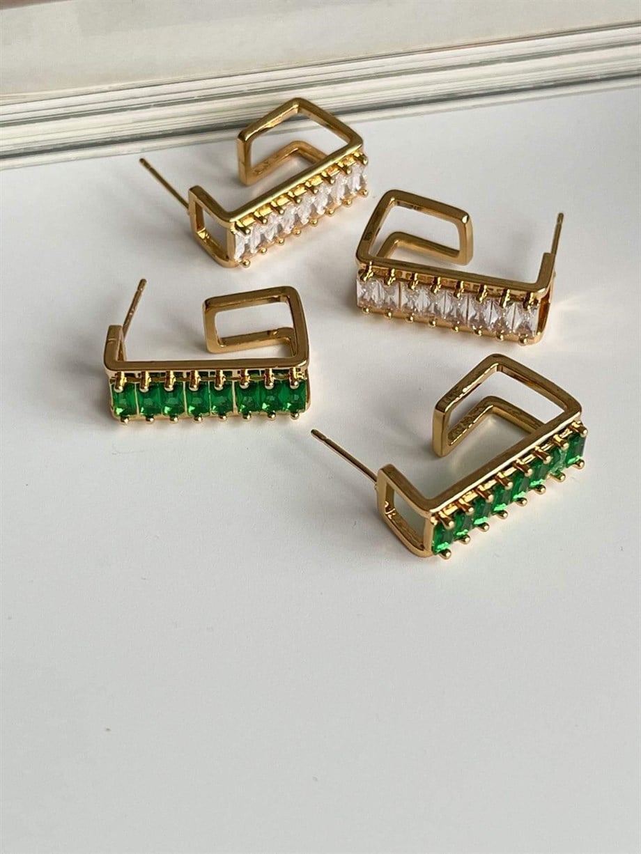 Özel Kaplama Gold Renk Baget Taşlı Valeria Halka Küpe (2.20 Cm)