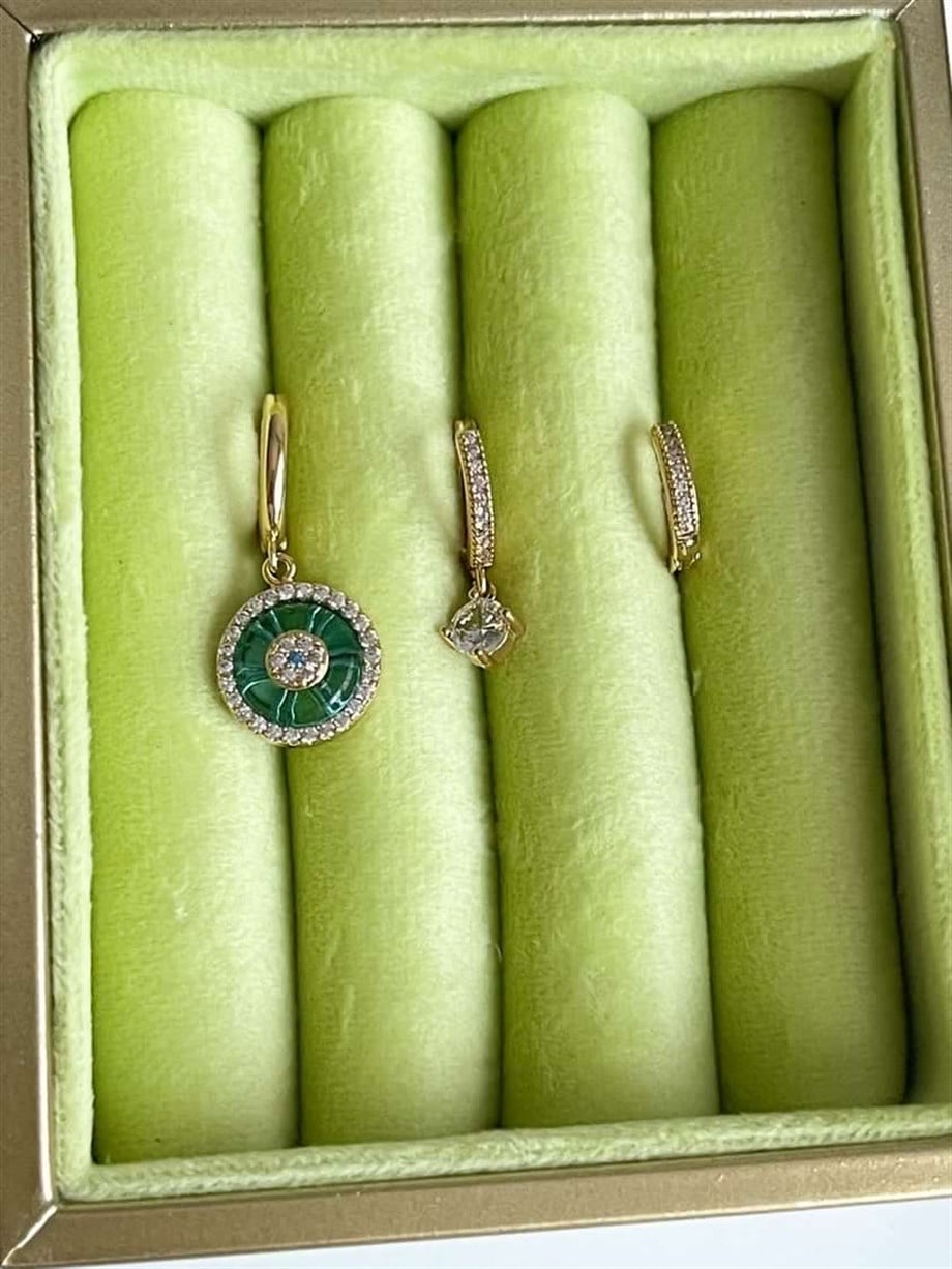 Özel Kaplama Gold Renk Mavi Baget Taşlı Üçlü Küpe Seti 