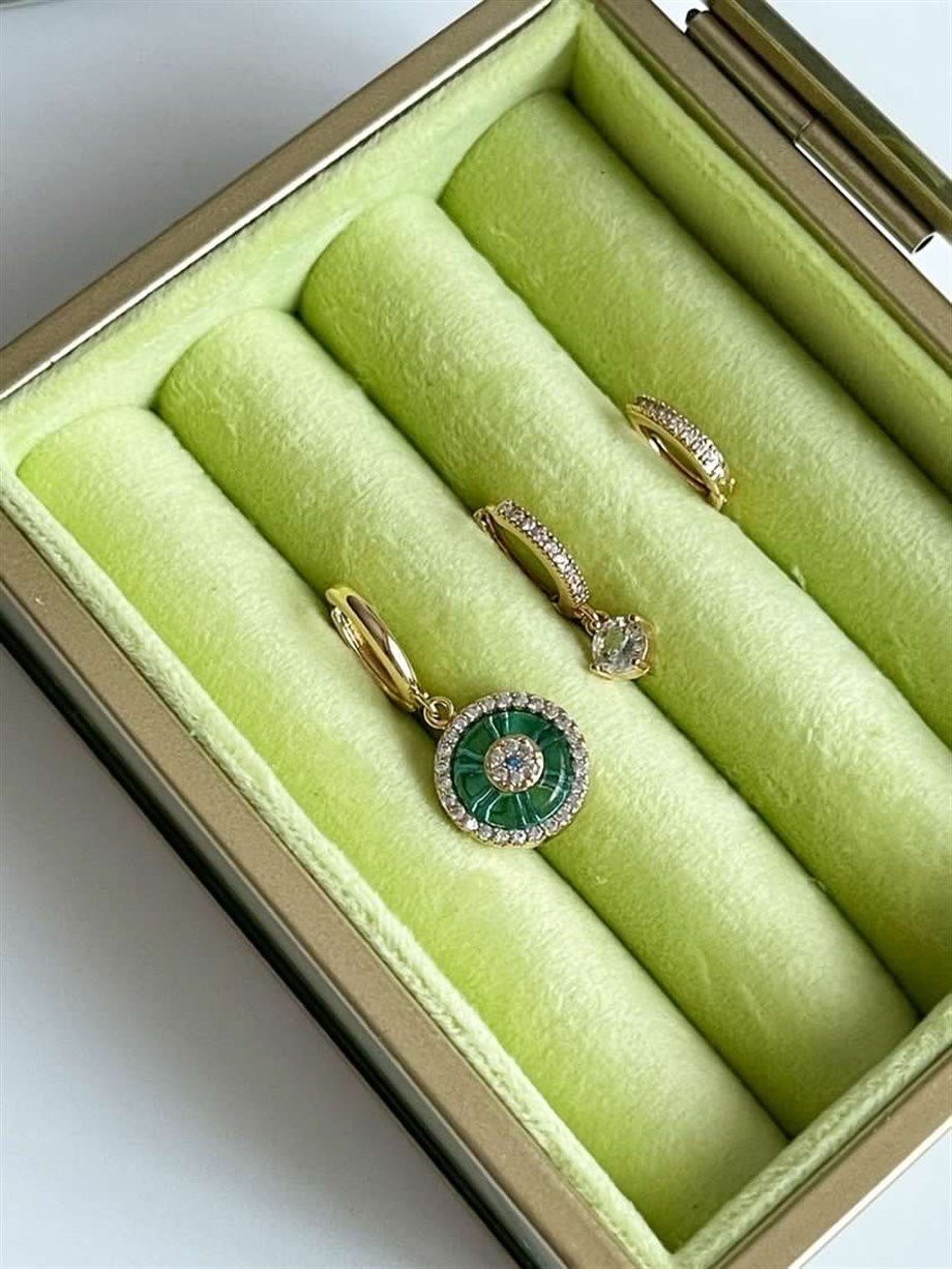 Özel Kaplama Gold Renk Mavi Baget Taşlı Üçlü Küpe Seti 