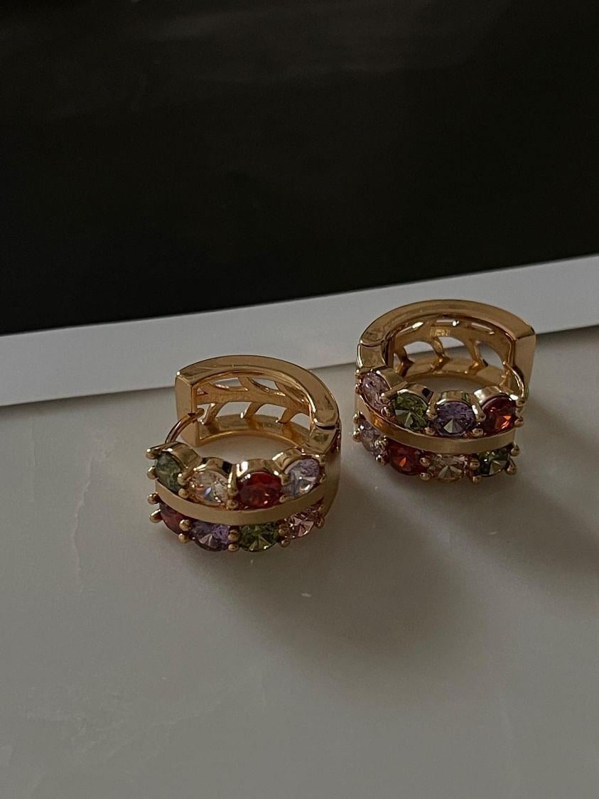 Özel Kaplama Gold Renk Renkli Zirkon Taşlı Luna Küpe (1.80 Cm)