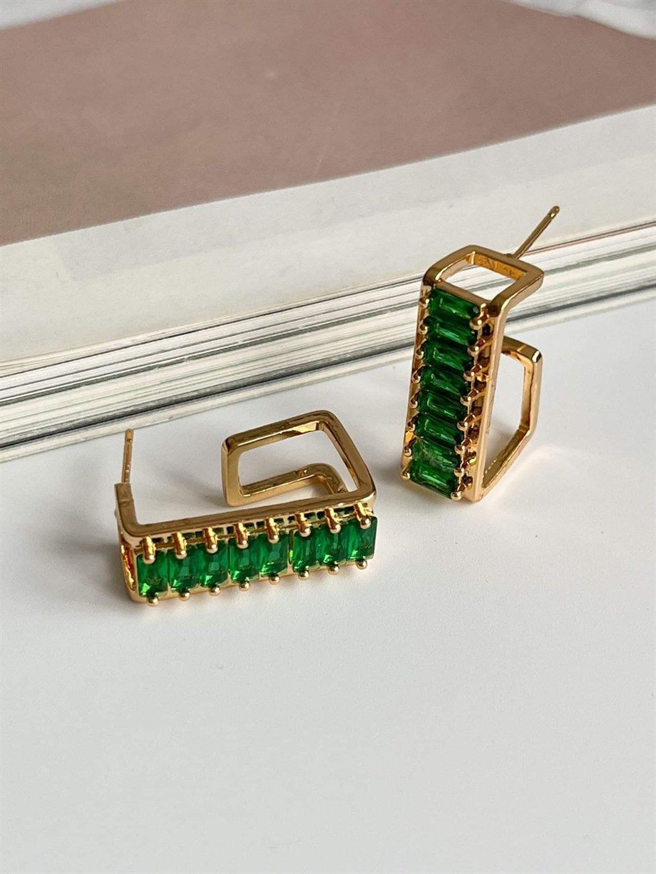 Özel Kaplama Gold Renk Yeşil Baget Taşlı Valeria Halka Küpe (2.20 Cm)