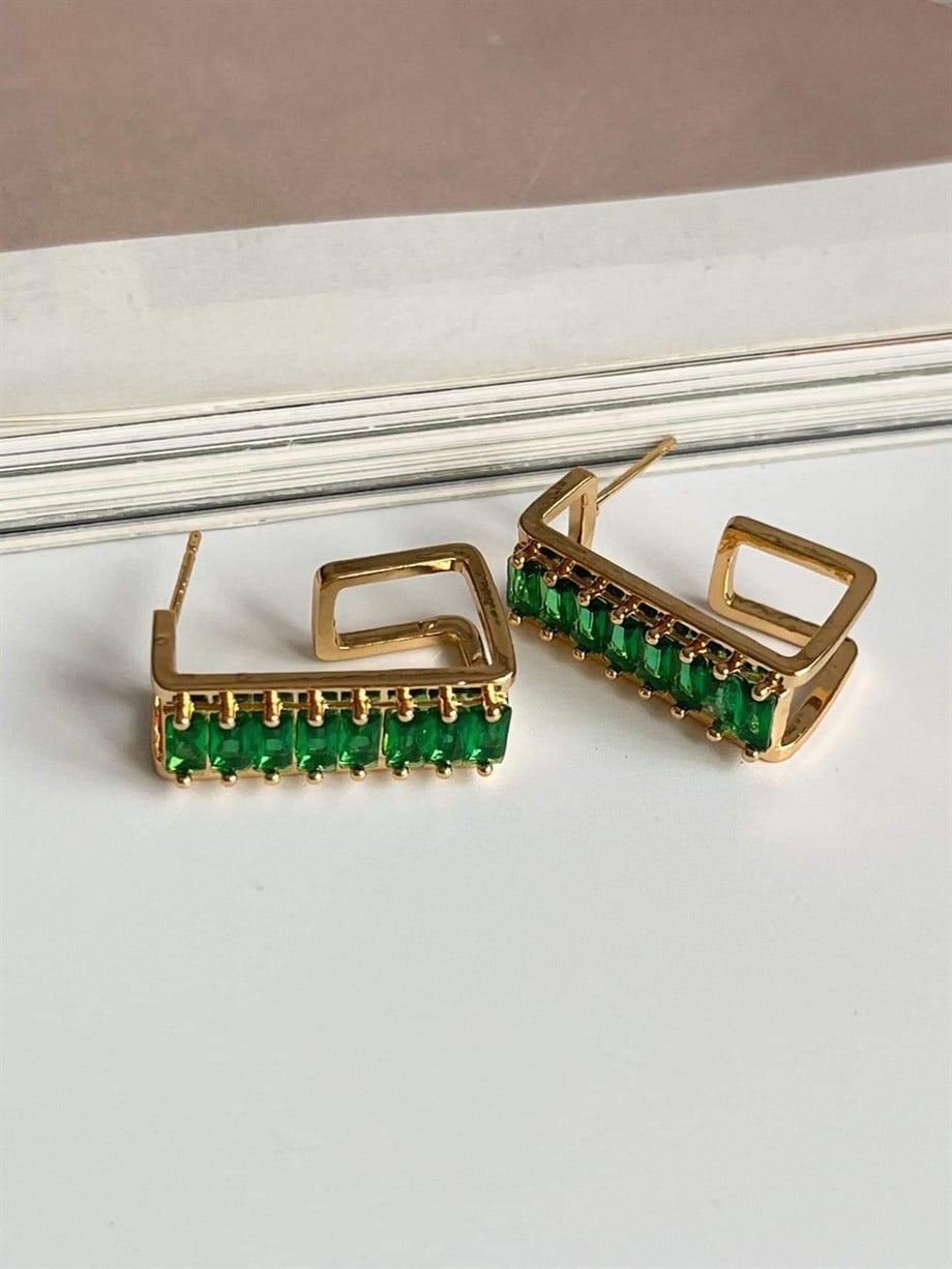 Özel Kaplama Gold Renk Yeşil Baget Taşlı Valeria Halka Küpe (2.20 Cm)