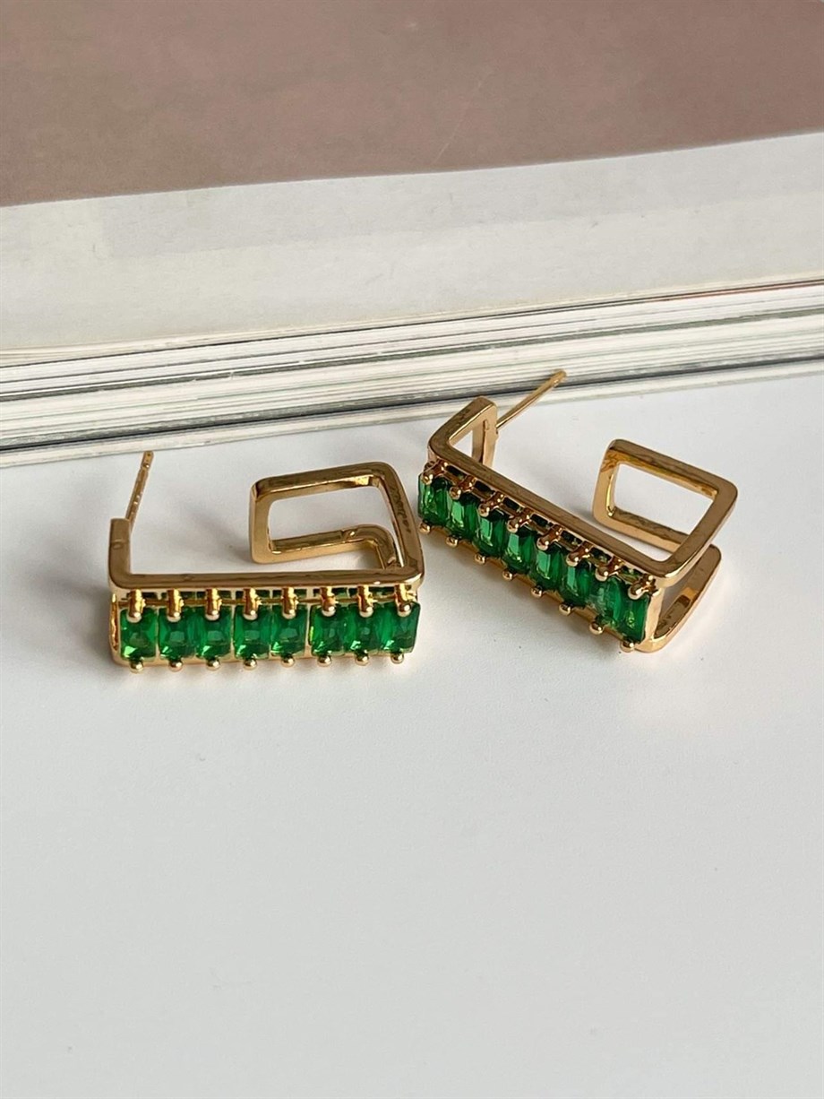 Özel Kaplama Gold Renk Yeşil Baget Taşlı Valeria Halka Küpe (2.20 Cm)