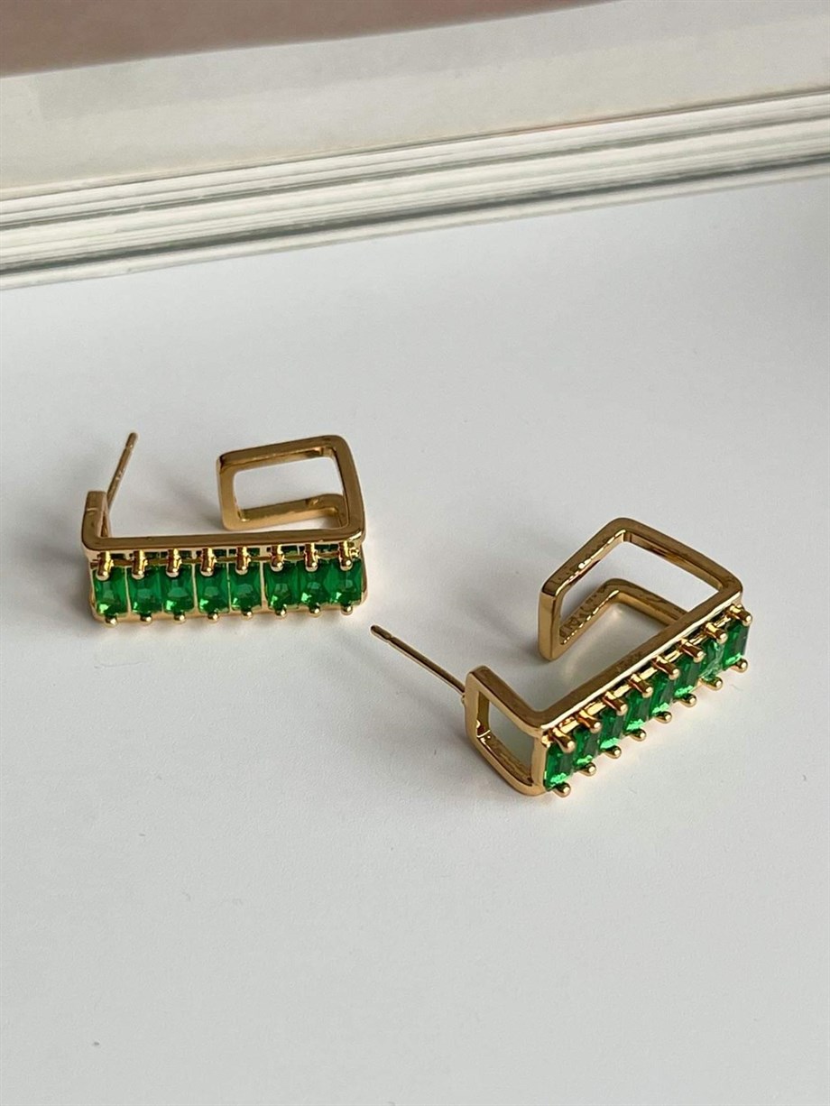Özel Kaplama Gold Renk Yeşil Baget Taşlı Valeria Halka Küpe (2.20 Cm)