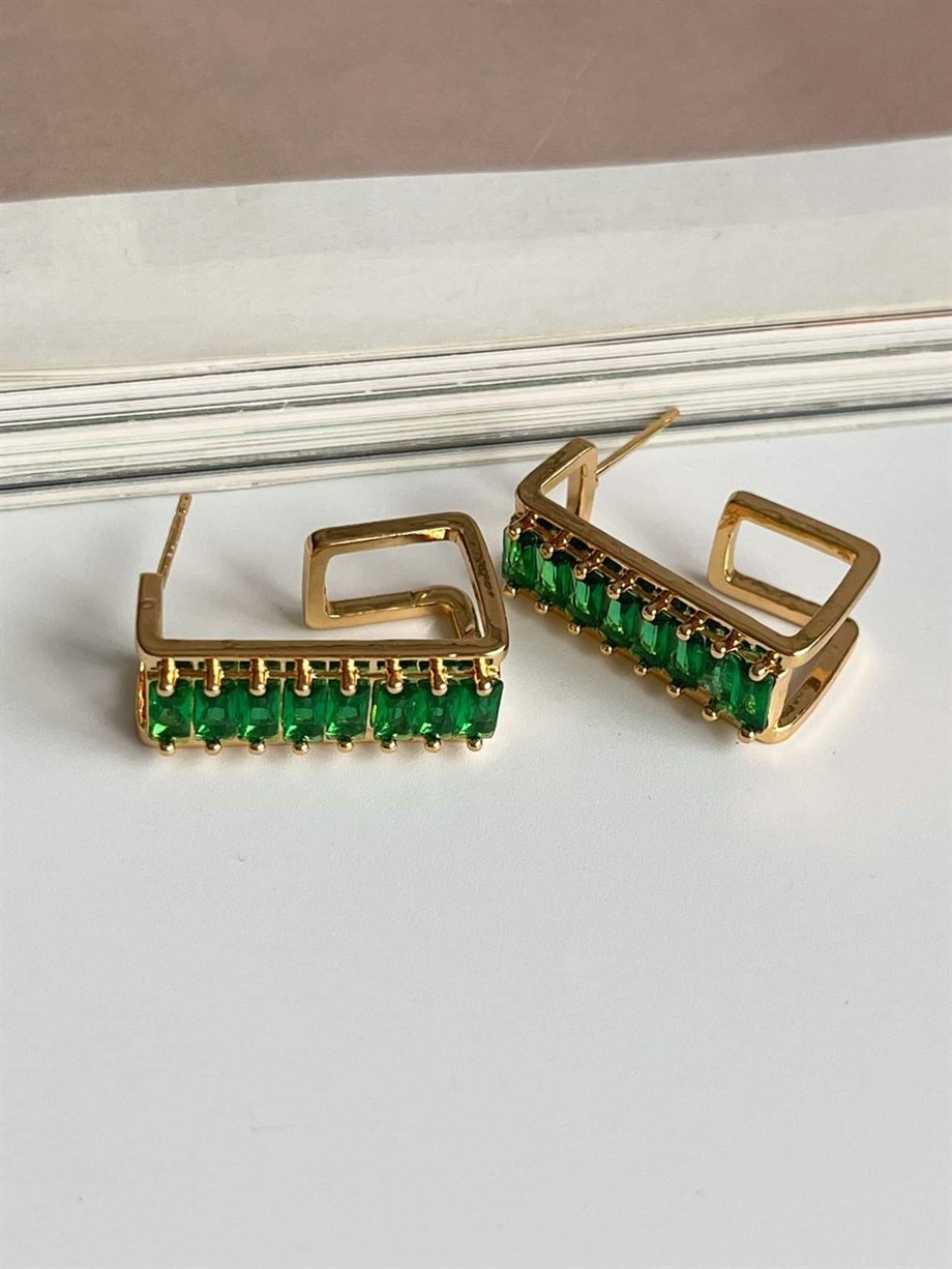 Özel Kaplama Gold Renk Yeşil Baget Taşlı Valeria Halka Küpe (2.20 Cm)