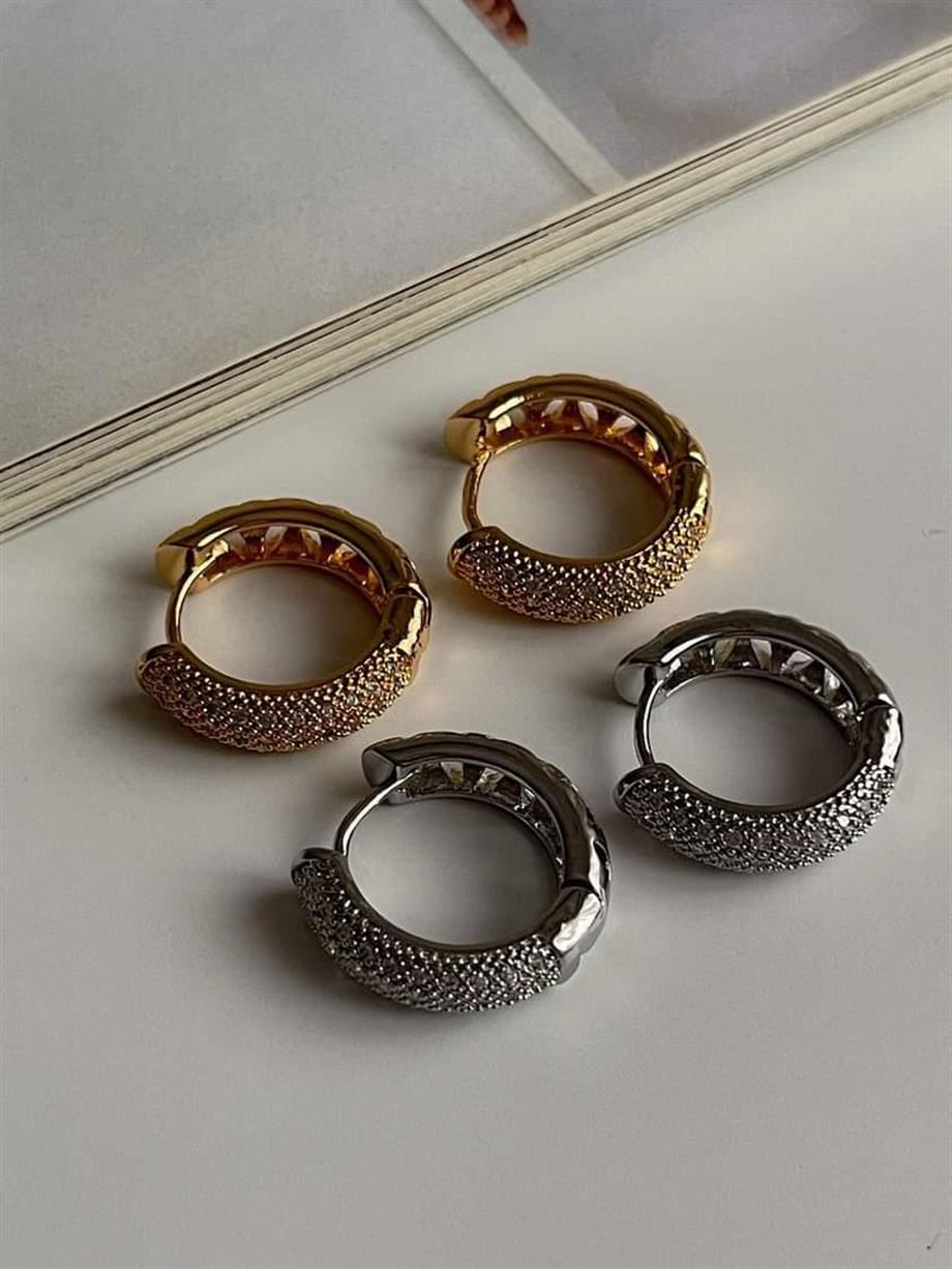 Özel Kaplama Gold Renk Zirkon Taşlı Halka Küpe (2 Cm)