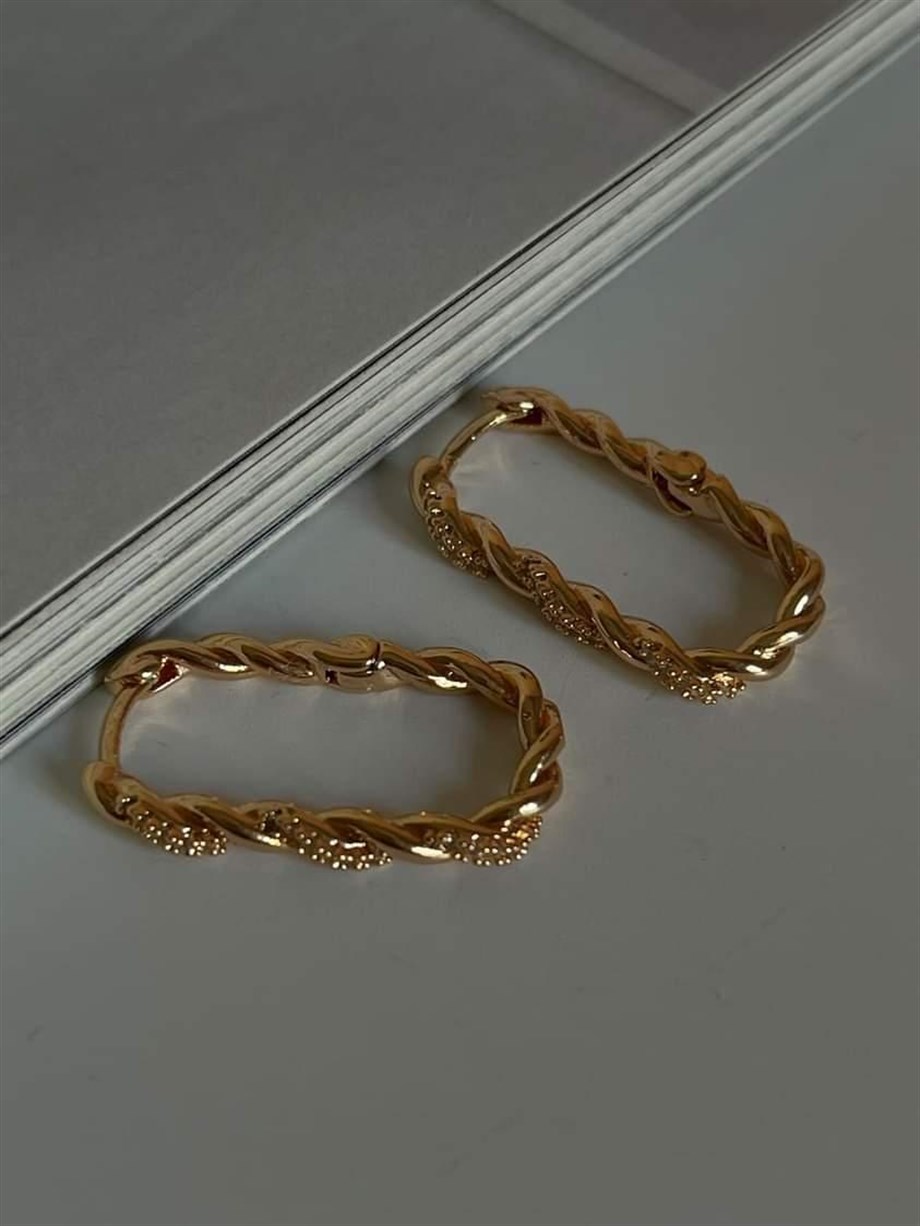 Özel Kaplama Gold Renk Zirkon Taşlı Kare Küpe (2.5 Cm)