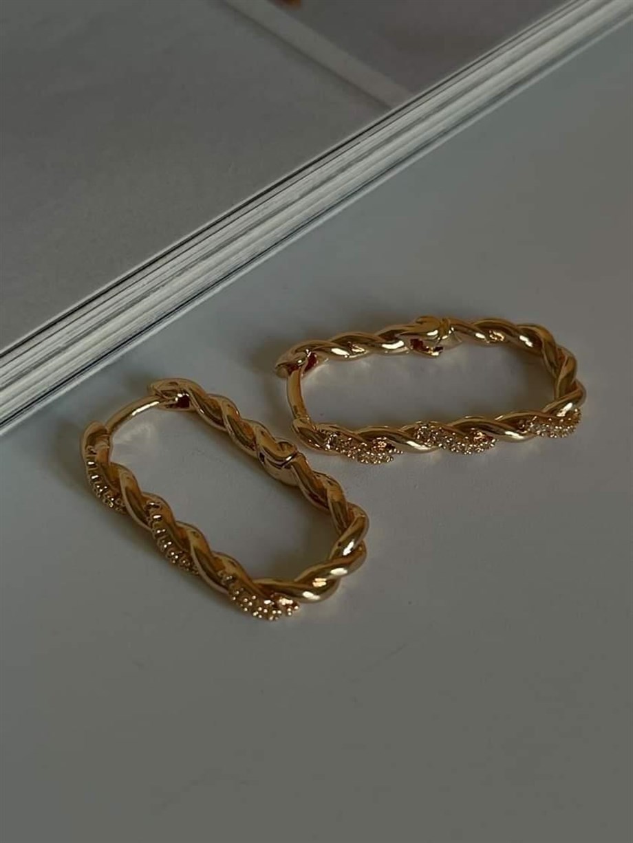 Özel Kaplama Gold Renk Zirkon Taşlı Kare Küpe (2.5 Cm)