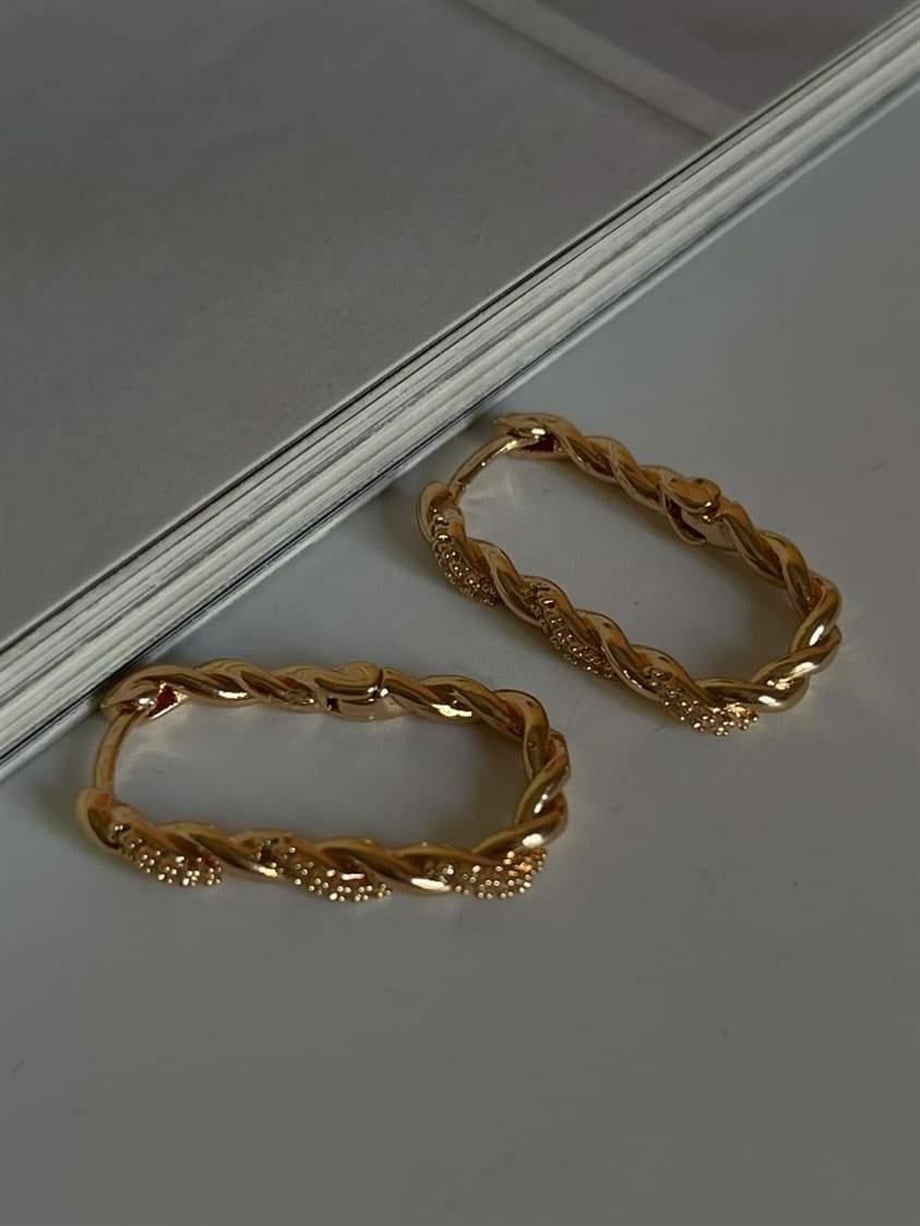 Özel Kaplama Gold Renk Zirkon Taşlı Kare Küpe (2.5 Cm)