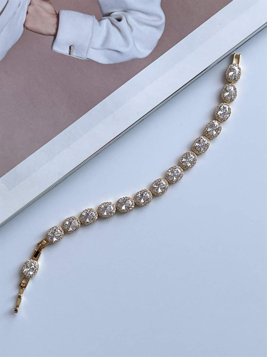 Özel Kaplama Gold Renkli Pırlanta Montür Taşlı Bileklik (19 Cm)