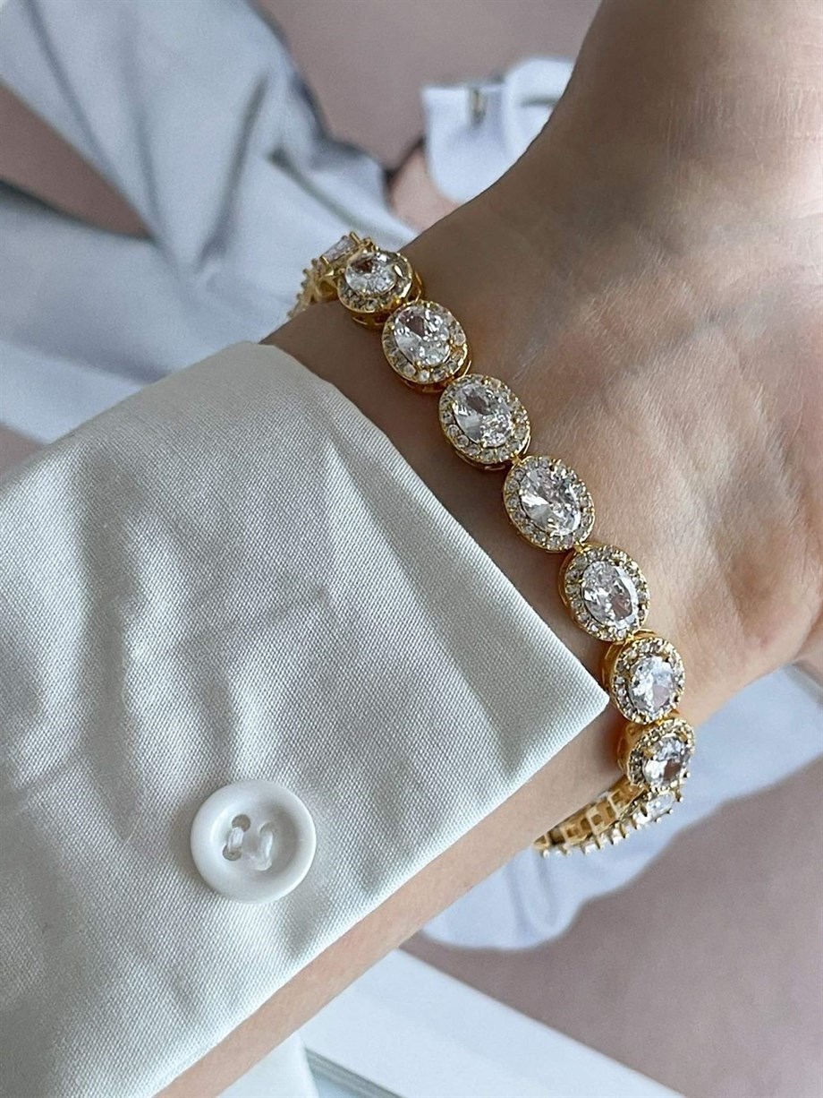 Özel Kaplama Gold Renkli Pırlanta Montür Taşlı Bileklik (19 Cm)